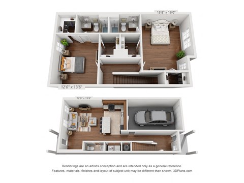 Floor plan for 2 beds, 2.5 baths, 1324 sqft